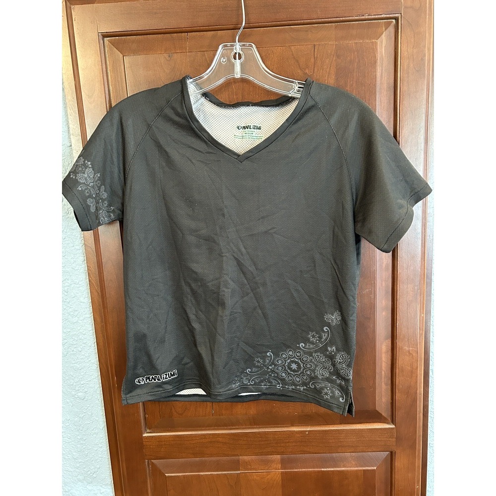 Pearl Izumi Shirt Womens Medium Black Short Sleeve Cycling Running Floral Accent